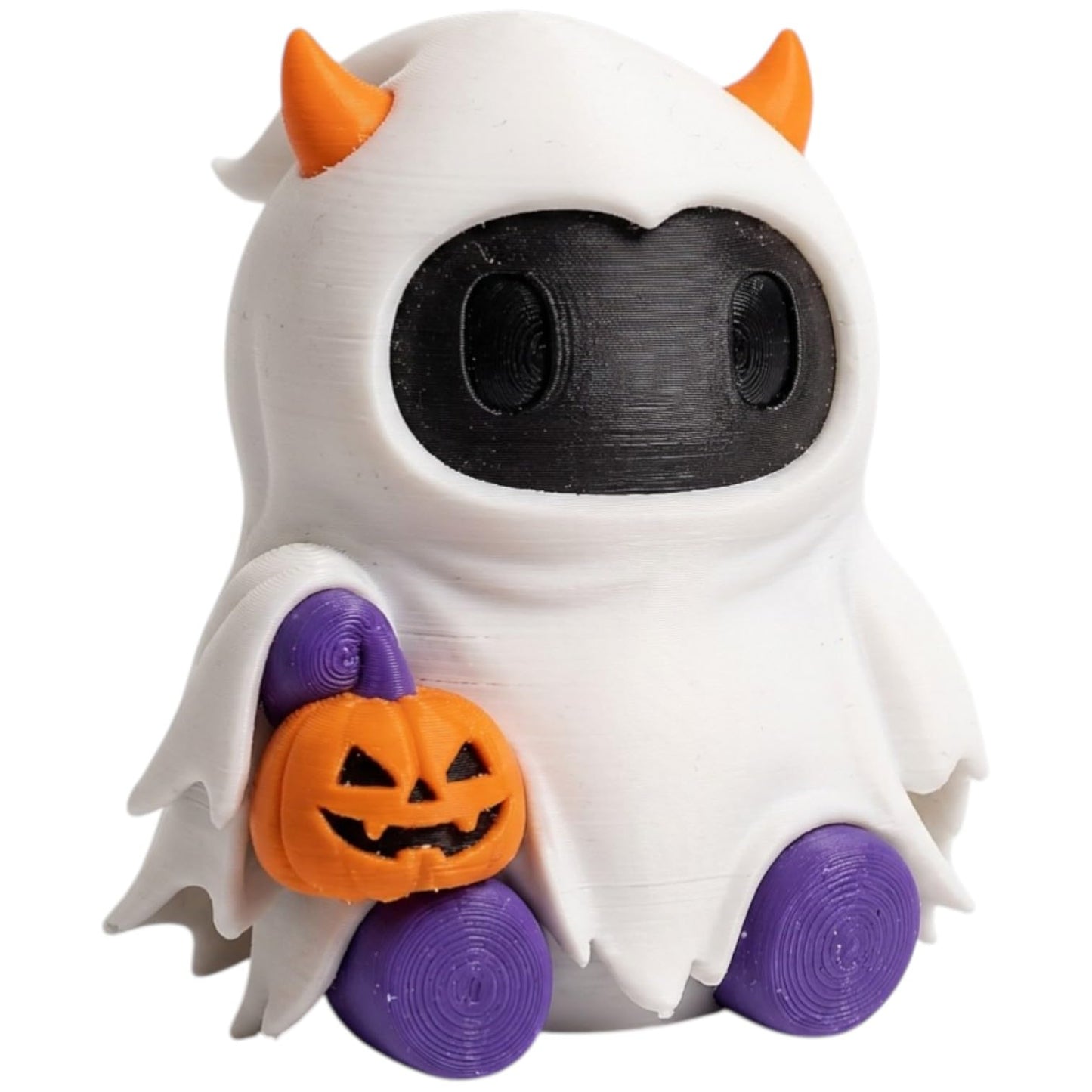 Spooky Ghost Robot Collectible Figurine with Jack-O-Lantern Pumpkin and Horns - Halloween Shelf Decor for Adults - 3D Printed in Canada