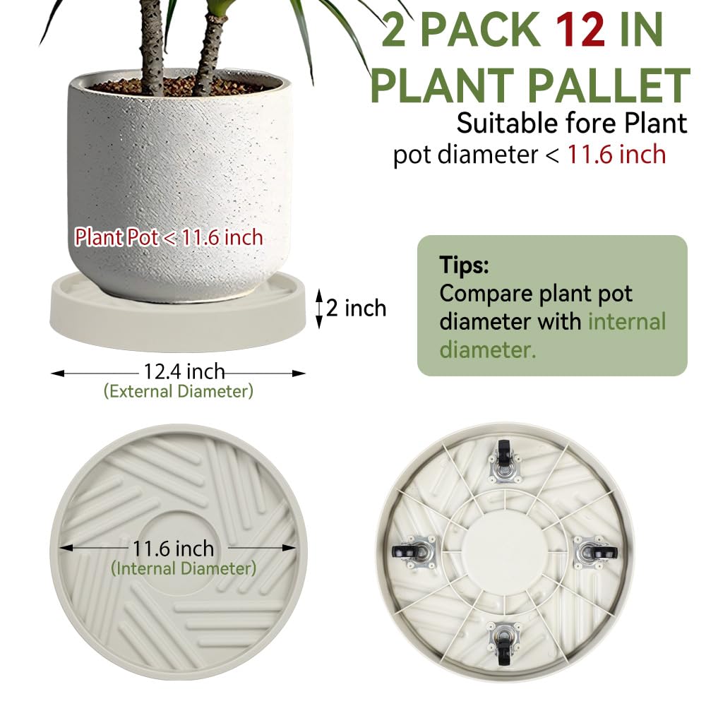 UoeRing 2 Pcs Plant Caddy with Wheels 12.4 Inch Hidden Wheels Heavy Duty Rolling Plant Stand, Indoor Outdoor Plant Saucer Tray with $9.9 Garden Tools (Beige)