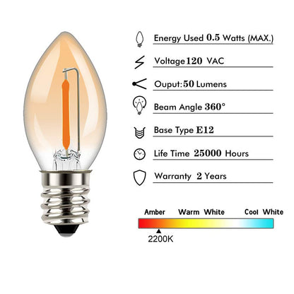 Tsunetani-C7 Edison 0.5W Equivalent to 5 Watt Incandescent LED Filament Mini Night Light Bulbs - E12 Candelabra Base 2200K Ultra Warm White for Home Decorate 50Lumens - 10Pack (Amber Glass)