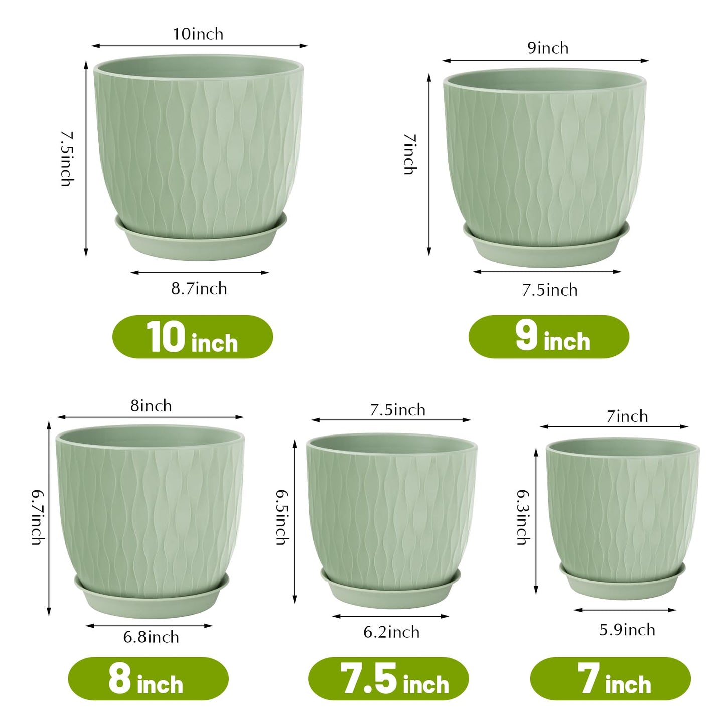 LESOASIS Plastic Plant Pots 10/9/8/7.5/7 inch Set of 5, Flower Planters with Drainage Holes and Saucers, Plastic Pots for Indoor Outdoor Plants, Livingroom Garden Decor (Green)