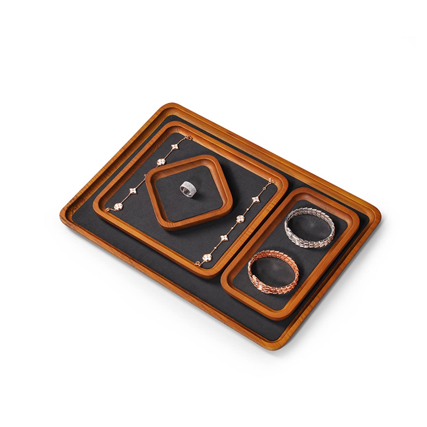 Oirlv Solid Wood Jewelry Display Tray Small Jewelry Tray Rings Earrings Bracelets Necklace Holder Organizer (Small, Grey)