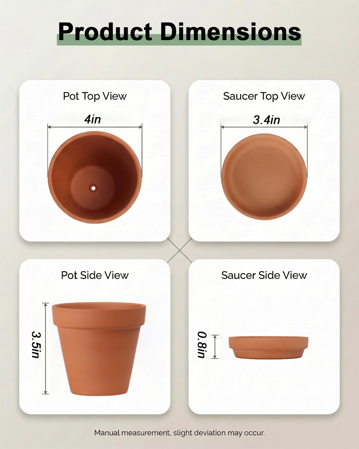 Riseuvo 4 Inch Terracotta Pots with Saucer – 6 Pack Small Clay Flower Pots with Drainage Hole for Succulents, Herbs, Indoor & Outdoor Plants, Wedding Favors