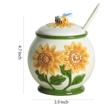 WAIT FLY Embossed Sunflower and Bee Ceramic Sugar Bowl with Lid and Spoon, Sugar Container, Sugar Jar for Kitchen Countertop, Coffee Bar-A