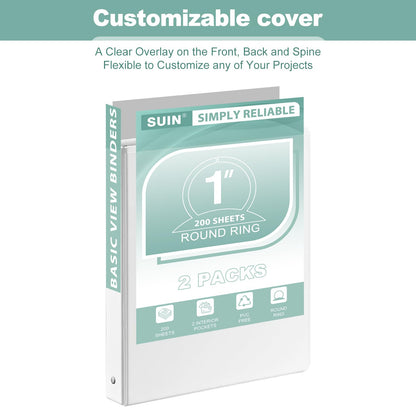 SUIN 1-Inch 3-Ring-Binder, Customizable Clear View Cover, for US Letter Size 8-1/2 x 11'', Perfect for Office/School (White - 2 Packs)