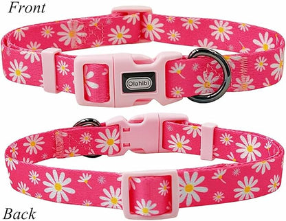 Dog Collar Leash Set, Floral Pattern, Polyester Material, Adjustable Collar and 5ft Matching Leash, for Large Dogs.(L, Pink Daisy)