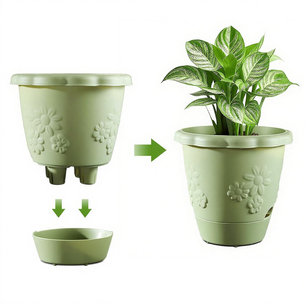 ULIKEIT 8 Inch Self Watering Pots for Indoor Plants, Set of 4 Plastic Planters with Drainage Holes and Saucers, Outdoor Flower Pots Home Garden Modern Decor (White)