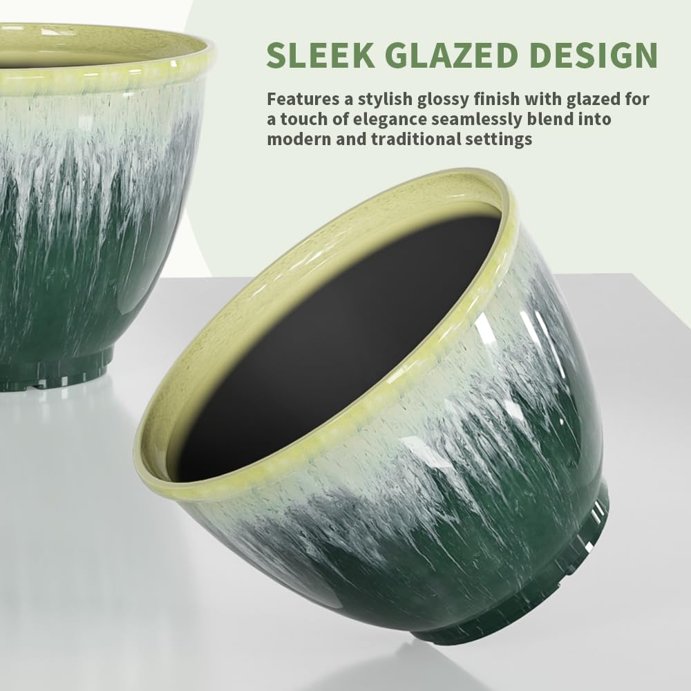 Flower Pots, 8 Inch Plastic Plant Pots for Plants, Set of 4 Planter for Indoor Outdoor Plants with Drainage Hole, Sleek Small Nursery Planting Pot for Home Garden Outdoor Planters(Green Glaze)