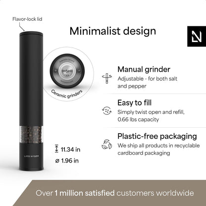 LARS NYSØM Salt Pepper Mill Manual with adjustable ceramic grinder from coarse to fine I Design Spice Mill (Carbon Black)