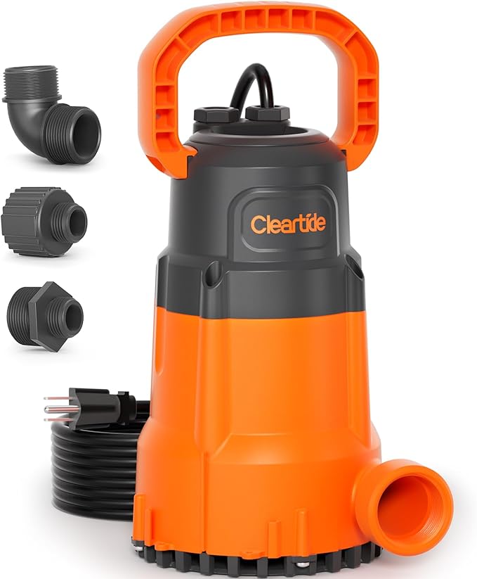 Cleartide Submersible Utility Water Pump, 1/2 HP 3060 GPH, Thermoplastic Portable Plug & Work, Ideal for Pool, Flooded Basement, Hot Tub, Pond & Garden Draining, Debris-Handling up to 3/8", 10 FT Cord