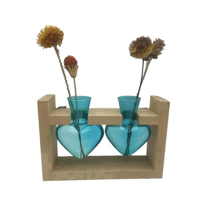 SUNGOOYUE Heart Shaped Glass Vase, Plant Propagation Station with Wooden Stand for Home Garden Decoration, Hydroponic Terrarium for Women Mom