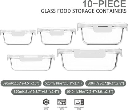 M MCIRCO 10-Pack Glass Food Storage Container with Lids, Airtight Lunch Bento Boxes, Glass Meal Prep Container,Microwave, Oven, Freezer and Dishwasher Friendly, White