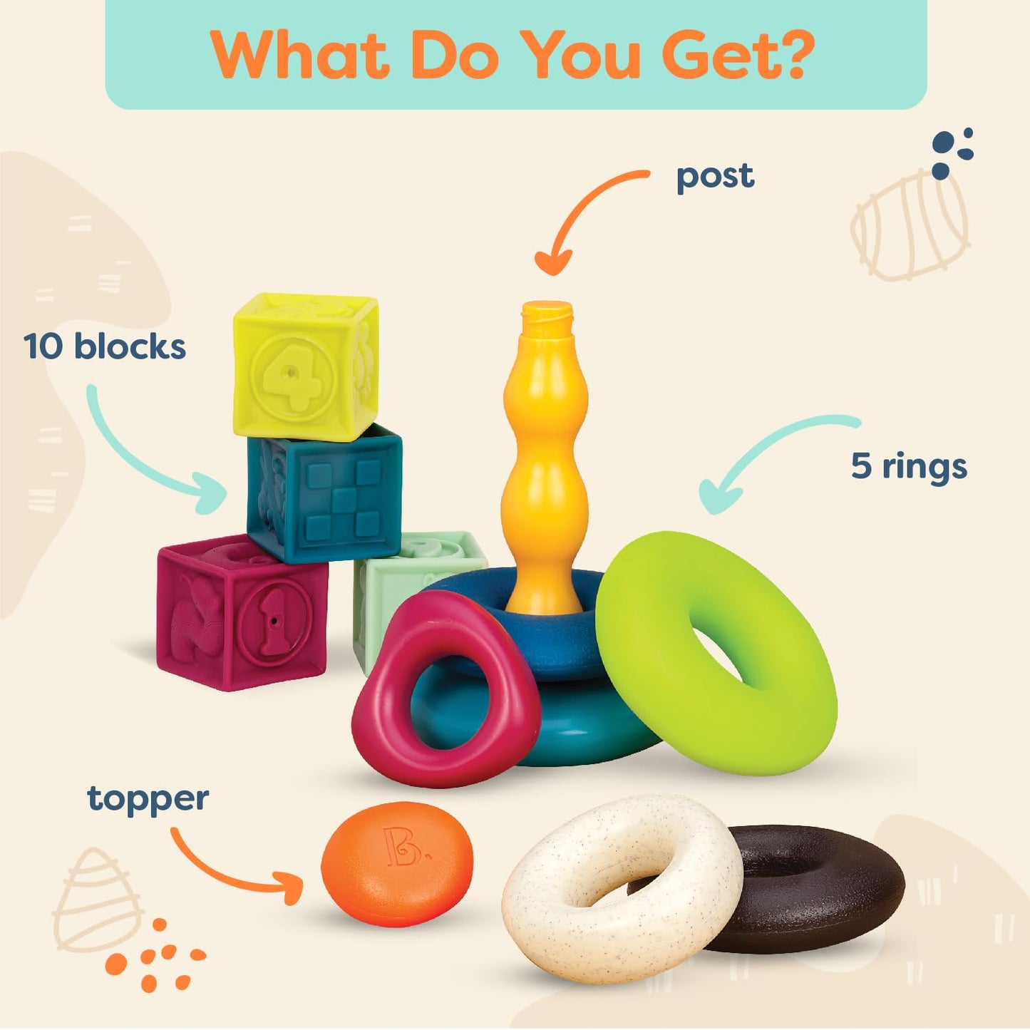 B. toys – Baby Blocks & Stacking – 10 Numbered Blocks & 5 Colorful Rings – Building Play Set for Infants – Educational Toys – One Two Squeeze & Stacking Stones – 6+ Months