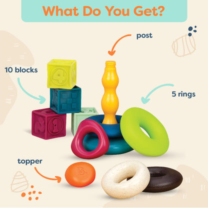 B. toys – Baby Blocks & Stacking – 10 Numbered Blocks & 5 Colorful Rings – Building Play Set for Infants – Educational Toys – One Two Squeeze & Stacking Stones – 6+ Months