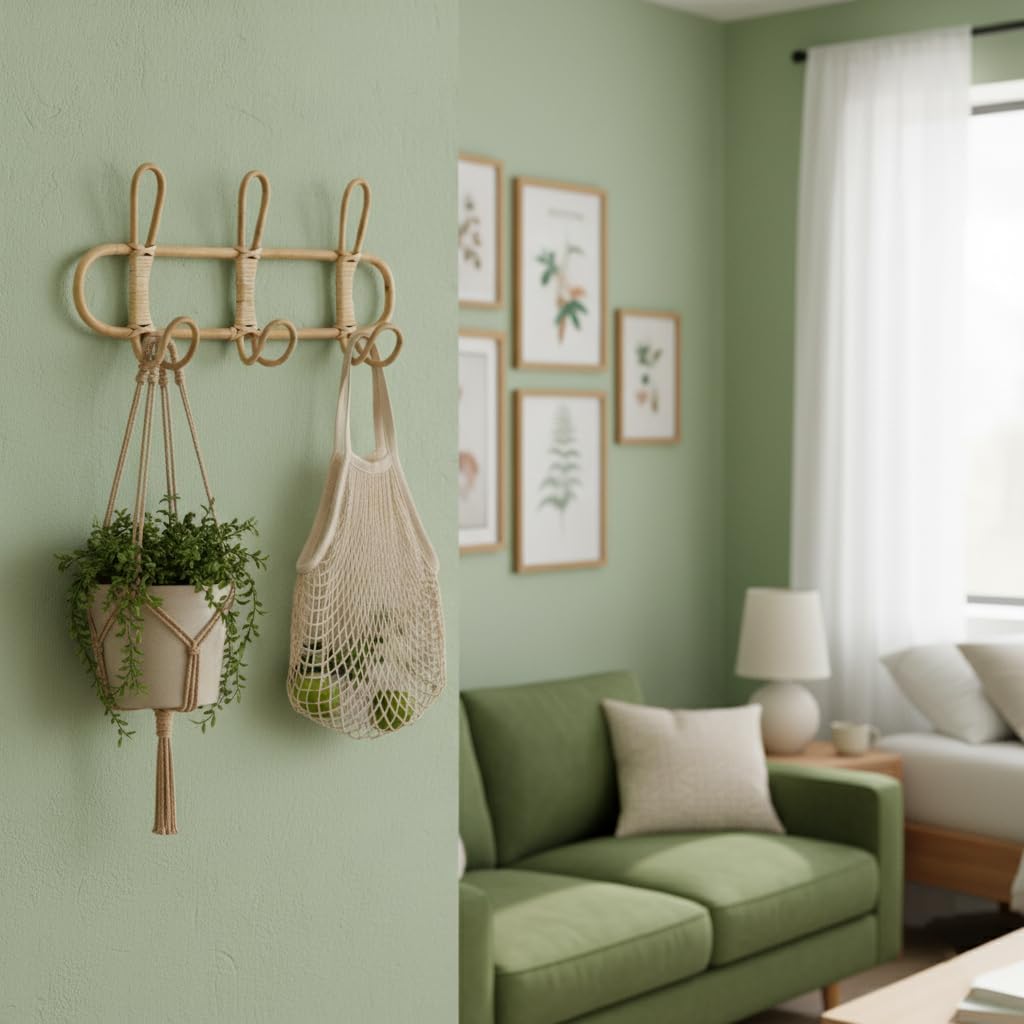 KH866 Boho Rattan Wall Hooks – Handmade Wall Mount Coat & Towel Rack, Natural Beige Hanging Organizer for Clothes, Hats, Towels, and Bags, Perfect for Entryway, Bedroom, Living Room (15.7x7.9 Inch)