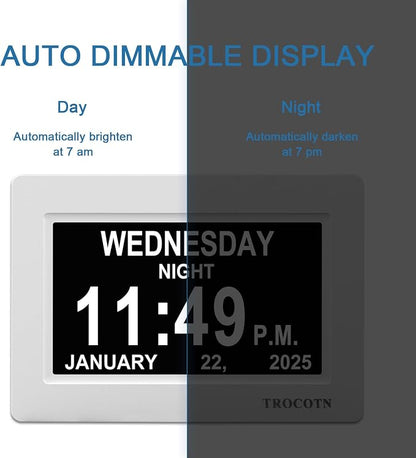 TROCOTN Dementia Clocks, Large Display Calendar Alarm Clock with Auto DST for Seniors, 5 Display Modes Large Font Digital Clock with Custom Alarms Day Date Clocks. (7 Inch White)