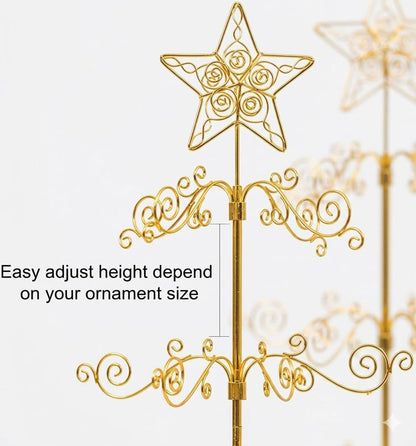 HOHIYA 24” Rotating Ornament Display Tree Stand 36 Hooks Metal Tabletop Display Rack for Christmas Ornaments Halloween Decor Craft Show Display Heavy Duty Brass Gold
