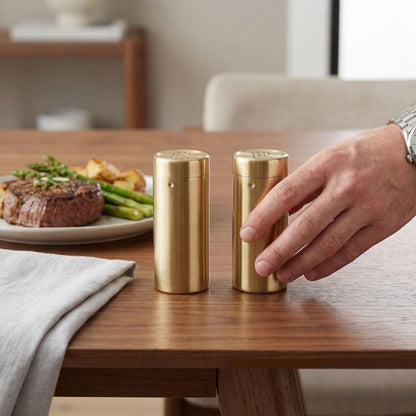 MOPFOL 2Pcs Stainless Steel Seasoning Jars - Golden Kitchen Salt and Sugar Shakers with Dispensing Control, Refillable Seasoning Bottles