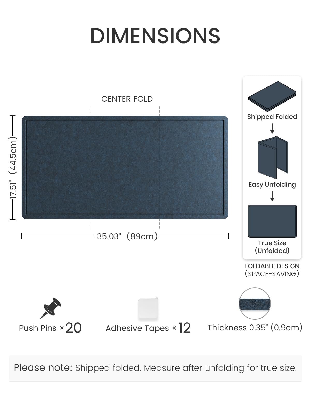 Fluxynara Bulletin Board, 35" x 17.5" Cork Board Alternative with 12 Safe Removable Adhesive Tabs, Foldable Felt Pin Board for Home Office, Classroom, Bedroom,Entryway for Walls—Carbon Blue