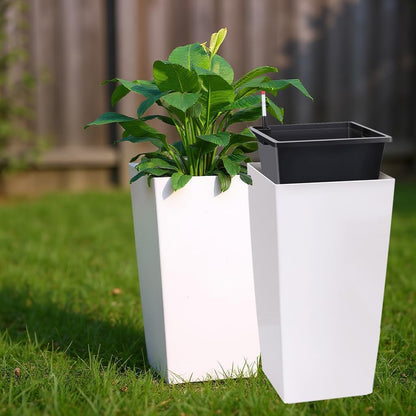 30 Inch Tall Self Watering Planters Set of 2, Outdoor Plant Pots with Automatic Watering System, Water Level Monitor, Drainage, Wheels & Inner Bucket, for Front Porch & Indoor Plants White
