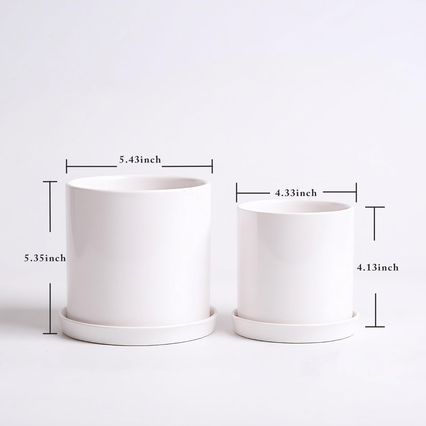 TERRASTELLA Ceramic Plant Pots with Saucers 5.3+4.3 Inch, Set of 2 Small White Flower Pots for Succulents, Herbs, Small Indoor Plants, with Drainage Hole, Mesh Pads & Plugs, Modern Home Decor Gift