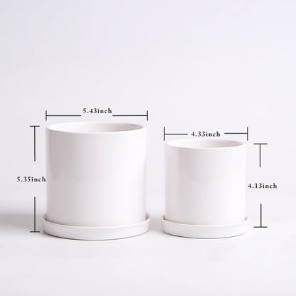 TERRASTELLA Ceramic Plant Pots with Saucers 5.3+4.3 Inch, Set of 2 Small White Flower Pots for Succulents, Herbs, Small Indoor Plants, with Drainage Hole, Mesh Pads & Plugs, Modern Home Decor Gift