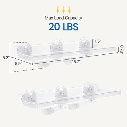Leafory 2 Pack Window Plant Shelves, 15.7 x 5.9 Inch Heavy Duty Acrylic Floating Shelf, Strong Suction Cup Shelf with Support Bracket, Windowsill Holder for Succulents and Indoor Plants