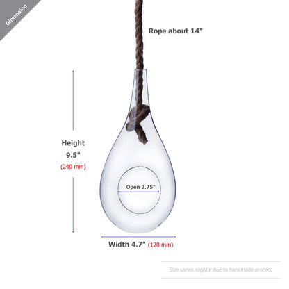 WGV Hanging Planter Terrarium, Width 5", Height 9.5", DIY Clear Glass Succulents Air Teardrop Floral Container (Including Rope), Candle Holder Vase for Outdoor Indoor Decor, 1 Piece