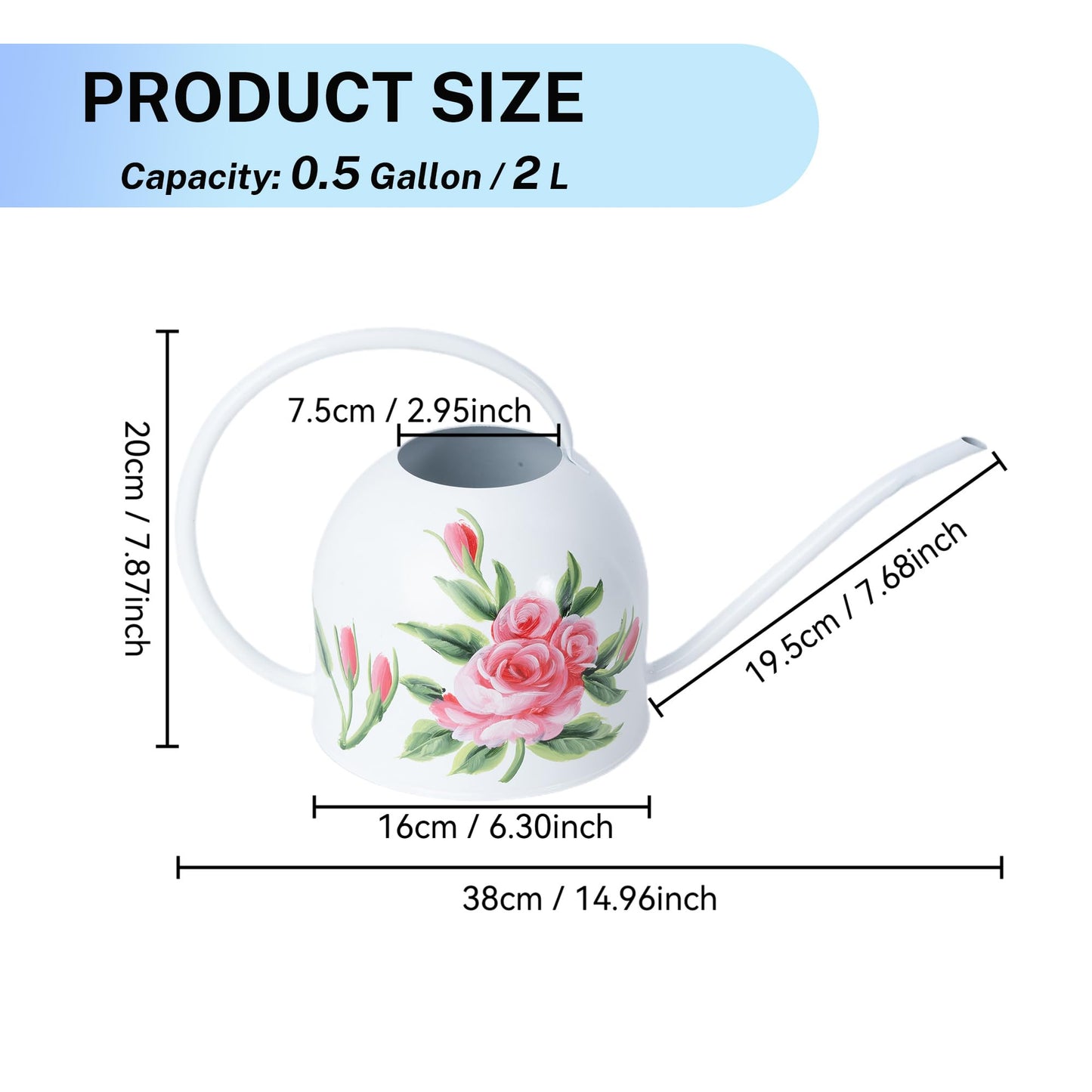 MOYEE Small White Metal Long Spout Watering Can Outdoor Indoor Spray Bottle for Plants Hand Drawn Patterns,1/2 Gallon Plant Mister Durable Metal Structure Lawn Garden Watering Equipment