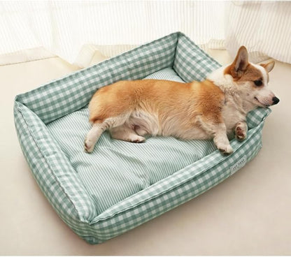 Orthopedic Rectangle Dog Bed for Medium Small Dogs, Plaid Plush Modern Puppy Sofa Bed with Anti-Slip Bottom, Cute Calming Pet Bed(Green,Medium)