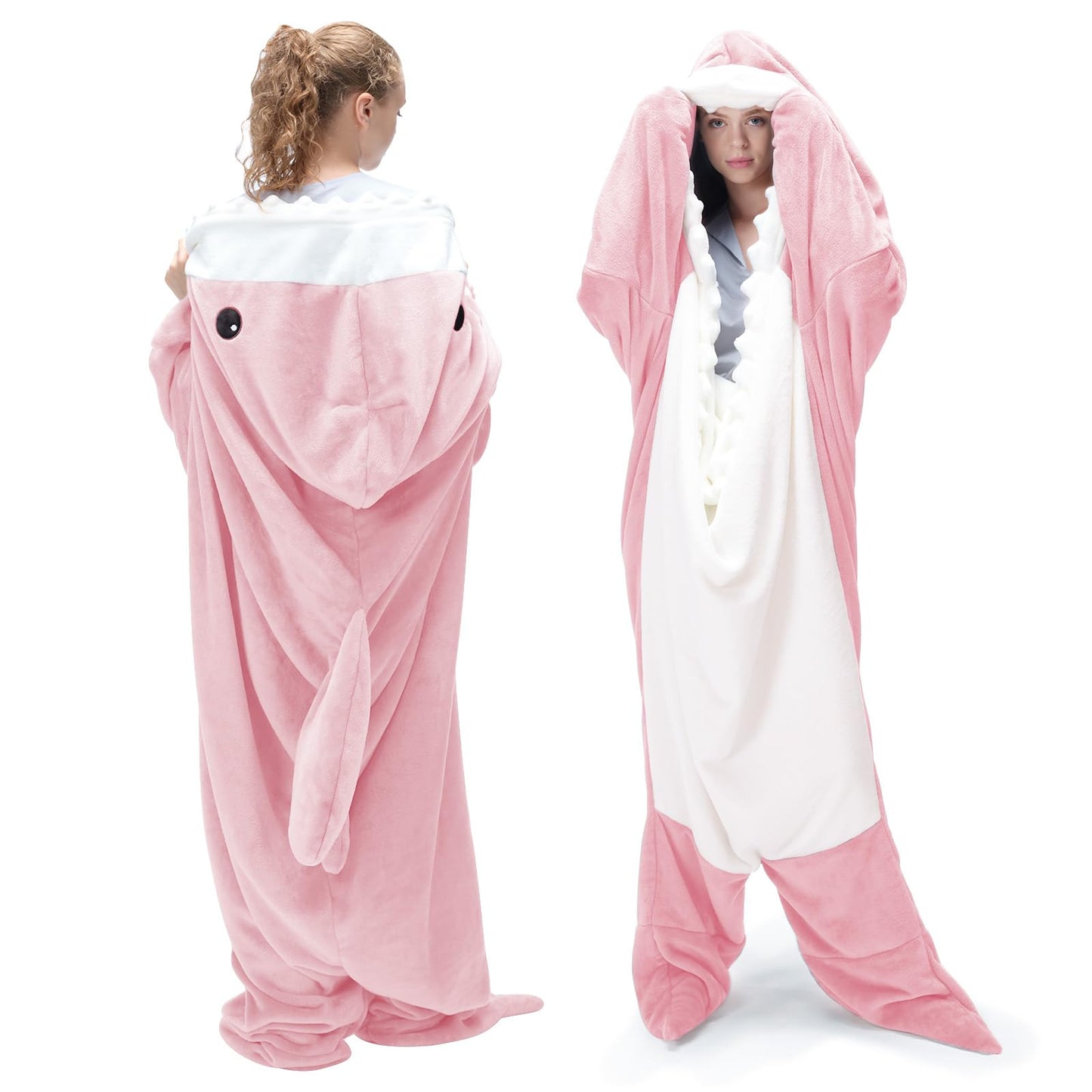 Shark Blanket Onesie for Adult Super Soft Cozy Flannel Throw Wearable Blanket Hoodie, Cartoon Animals Shark, Sleeping Bag Cosplay Shark Costume Blanket Gifts for Shark Lovers (Pink,S)