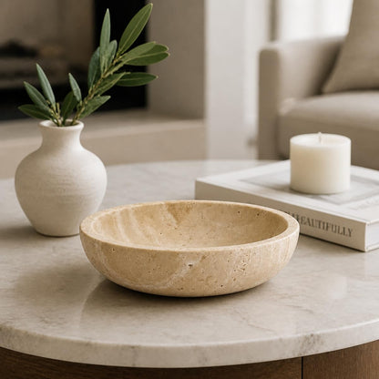 IVWOXO Natural Travertine Decorative Bowl for Coffee Table – 7.8”Handmade Beige Stone Fruit Bowl, Key Bowl for Entryway Table, Modern Catchall Tray, Vanity Jewelry Dish, Rustic Home Decor Centerpiece