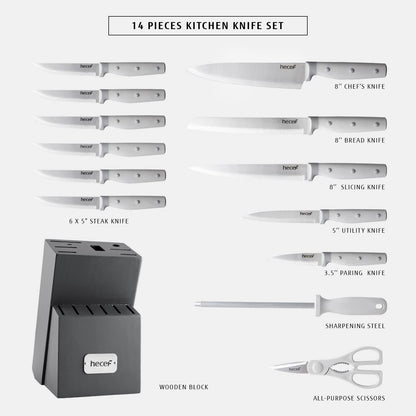 hecef Kitchen Knife Block Set, 14 Pieces Knife Set with Wooden Block & Sharpener Steel & All-purpose Scissors, High Carbon Stainless Steel Cutlery Set (Yellow)