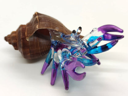 Sansukjai Seashell Hermit Crab Miniature Figurines Beach Animals Hand Blown Glass Art Collectible Gift Decorate - Brown Spiral Shell (Purple Blue)