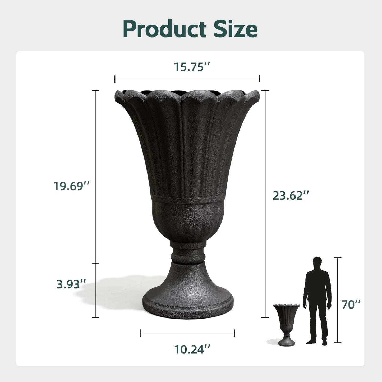 Trygoal 23.6" Tall Plastic Urn Planters for Outdoor Plants, Set of 2 Heavy-Duty Classic Indoor Large Flower Pots with Drainage Holes & Petal Design, Outdoor Planters for Porch, Home Garden, Black