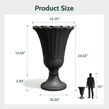 Trygoal 23.6" Tall Plastic Urn Planters for Outdoor Plants, Set of 2 Heavy-Duty Classic Indoor Large Flower Pots with Drainage Holes & Petal Design, Outdoor Planters for Porch, Home Garden, Black