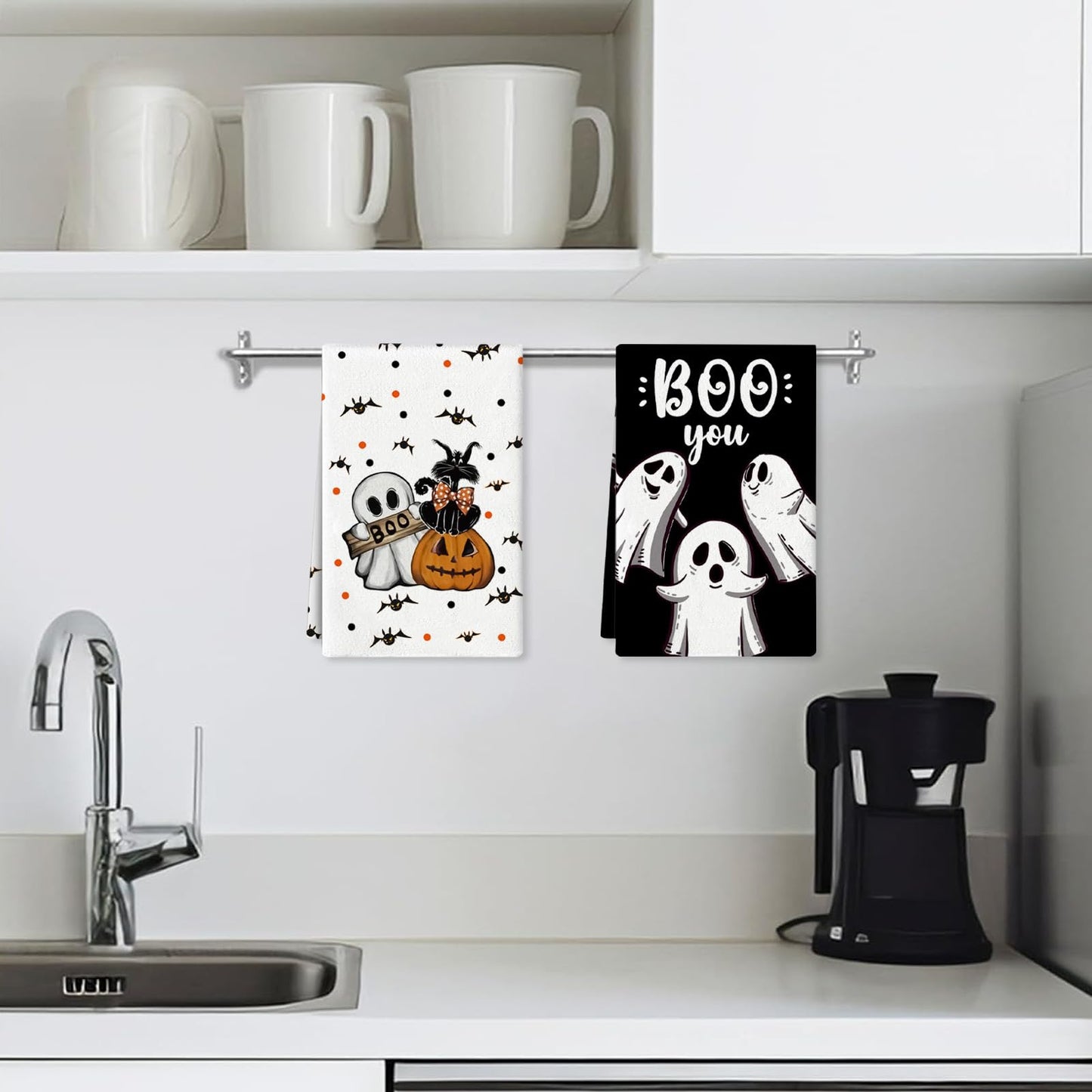 4 Pcs Halloween Kitchen Towels 15.7x23.6 Inches Funny Hand Towels for Bathroom Spooky Boo Ghost Dish Cloths Pumpkin Bat Ghost Halloween Bathroom Decortions Housewarming Gift for Home Wall Decor