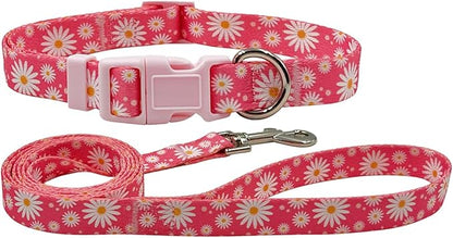 Dog Collar Leash Set, Floral Pattern, Polyester Material, Adjustable Collar and 5ft Matching Leash, for Large Dogs.(L, Daisy)