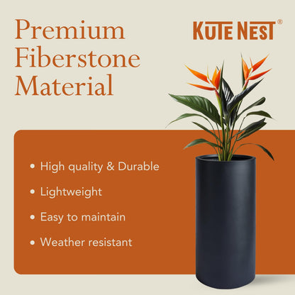 KUTE NEST 19.5" H x 9.8" D Premium Tubo Fiberstone Cylinder Tall Planter with Drainage Hole, Weather Resistant for Indoor and Outdoor Use, Included 2 Extra Coco Mats (Black, 8.2" Pot Opening)