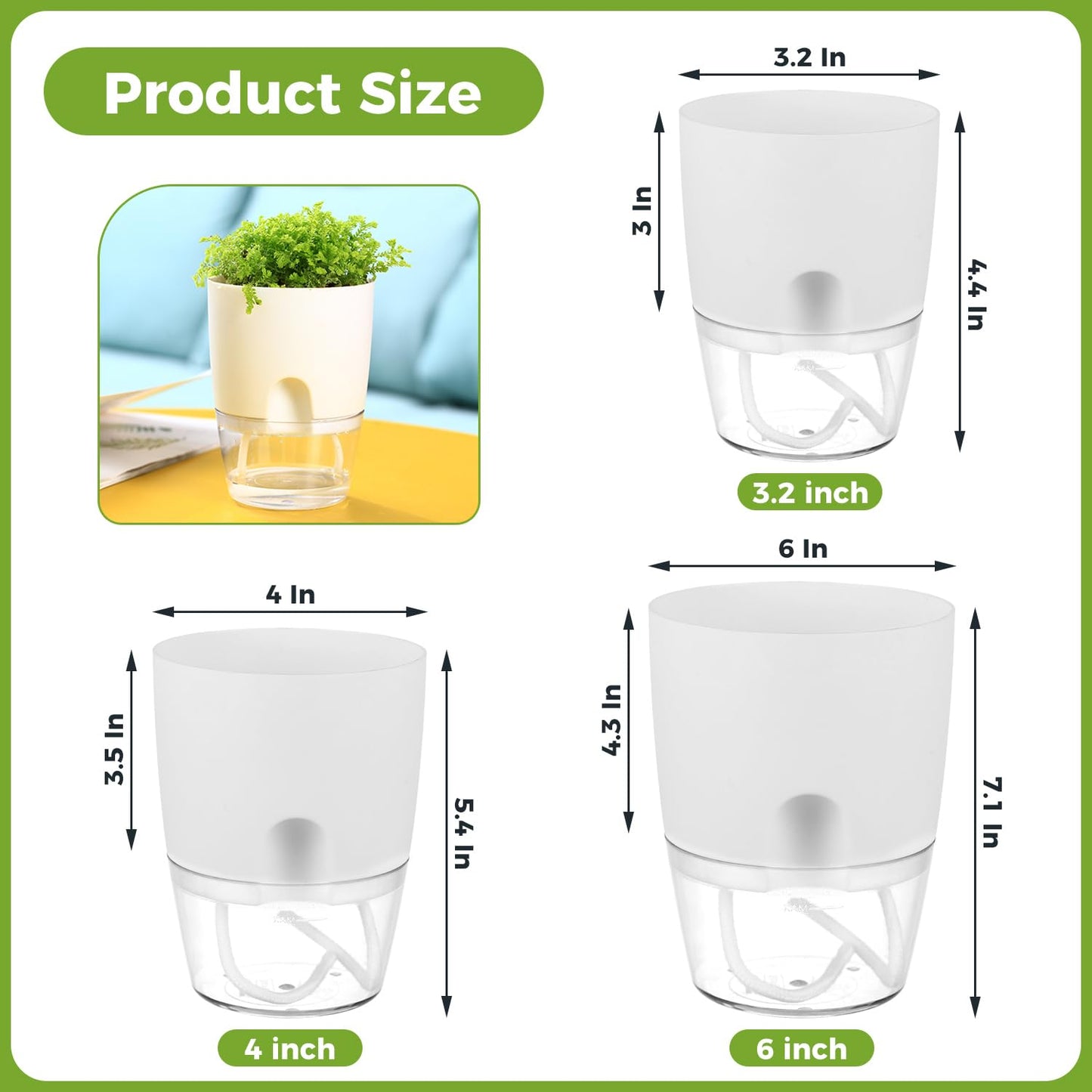 8 Pack Self Watering Pots for Indoor Plants, PlanterHoma 3.2 Inch Plant Pot Plastic Self Watering Planter for Orchid, African Violet, Mini Clear Flower Pots with Drainage Holes and Wicking Rope, White