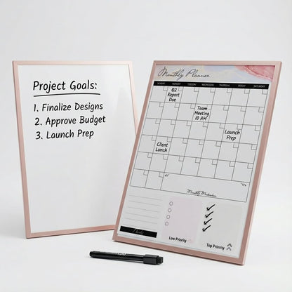 Lulu Office Magnetic Dry Erase Board 12x16 with Handle, Double Sided Portable Rose Gold Whiteboard for Home, Office, School & Kitchen, Includes Weekly & Monthly Magnetic Planner Sheets