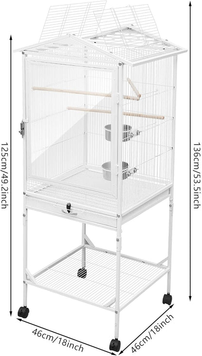 49" H Large Bird Cage with Wheels, Iron Bird Cage with Pull-Out Tray Rolling Stand Clear Acrylic Door Bird Flight Cage with Stand Bars and Feeding Bowls for Small and Medium-Sized Parrots