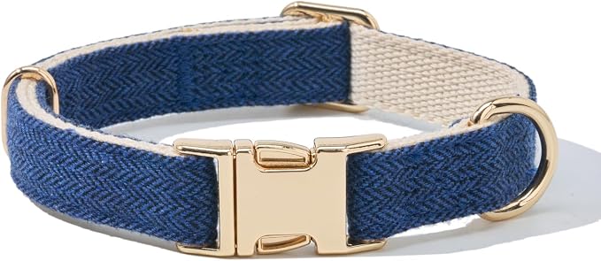 Luxury Soft Cotton Tweed Fabric Dog Collar & Leash Set with Gold Buckle – Durable Fabric, Stylish Design for Everyday Walks(Large Navy)