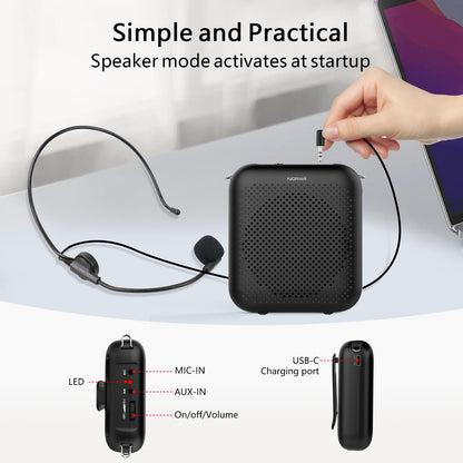 Norwii Bluetooth Voice Amplifier, Power Amplifiers, Portable Mini Wired Microphone Headset for Teacher Classroom & Outdoor Lectures, Teaching, Tour Guides, USB-C Rechargeable - 2000mAh, Black