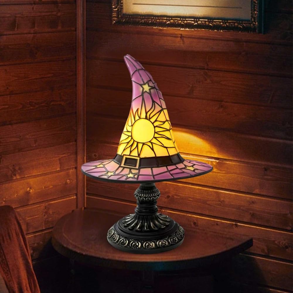 Loisdaro Witch Hat Lamps - Handcrafted Stained Gothic Wizard Hat Lights for Decor,Light with Glow-in-The-Dark Figurine for Bedroom， Mystical Bedroom Ambiance & Wiccan Gifts