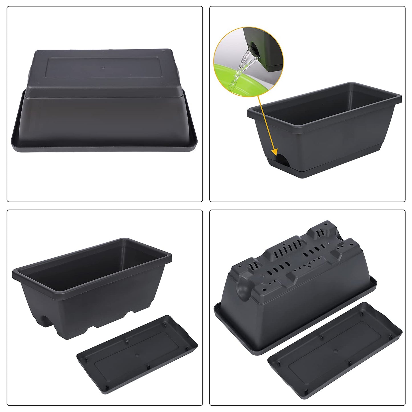 GREANER Rectangular Window Boxes with Trays, 3 Packs Modern Vegetable Planters, 13.8Inch Plastic Flower Boxes Container for Windowsill, Patio, Garden, Balcony, Porch, Indoor and Outdoor Use, Black