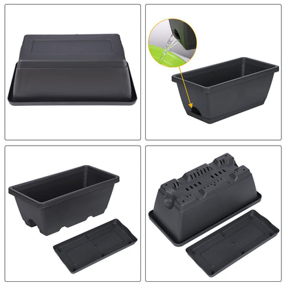 GREANER Rectangular Window Boxes with Trays, 3 Packs Modern Vegetable Planters, 13.8Inch Plastic Flower Boxes Container for Windowsill, Patio, Garden, Balcony, Porch, Indoor and Outdoor Use, Black