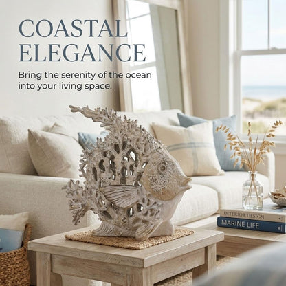 QIANLING Beach Coastal Decor Coral Reef Angelfish Figurines, Modern Nautical Decor Ocean Centerpieces for Living Room, Bathroom, Office, Coffee Table, Beach House, Seaside, Entrance, Shelf Decorative
