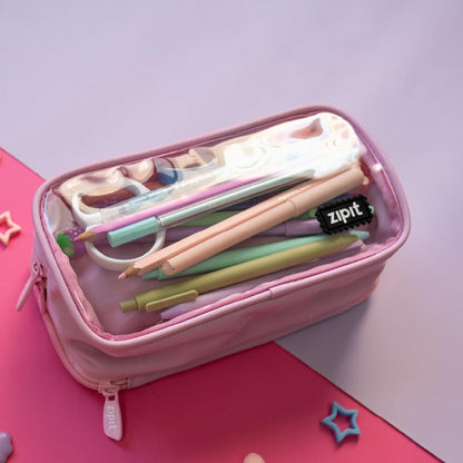 ZIPIT Half & Half Pencil Case for Girls, Aesthetic 3 Compartment Zipper Pouch for School, Stationery Bag for Teen and Adults, Pink