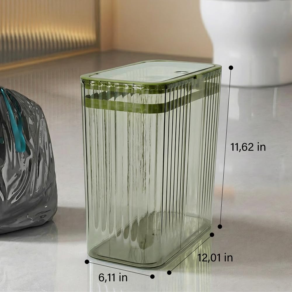 Grtufsat Bathroom Trash Can with Lid3.5 Gallon Garbage Can，for Bedroom, Office, Plastic Slim Waste Basket with Press Top Lid, 15l Clear Trash Bin for Home Slim Trash Bin Clear, Kitchen （Green）