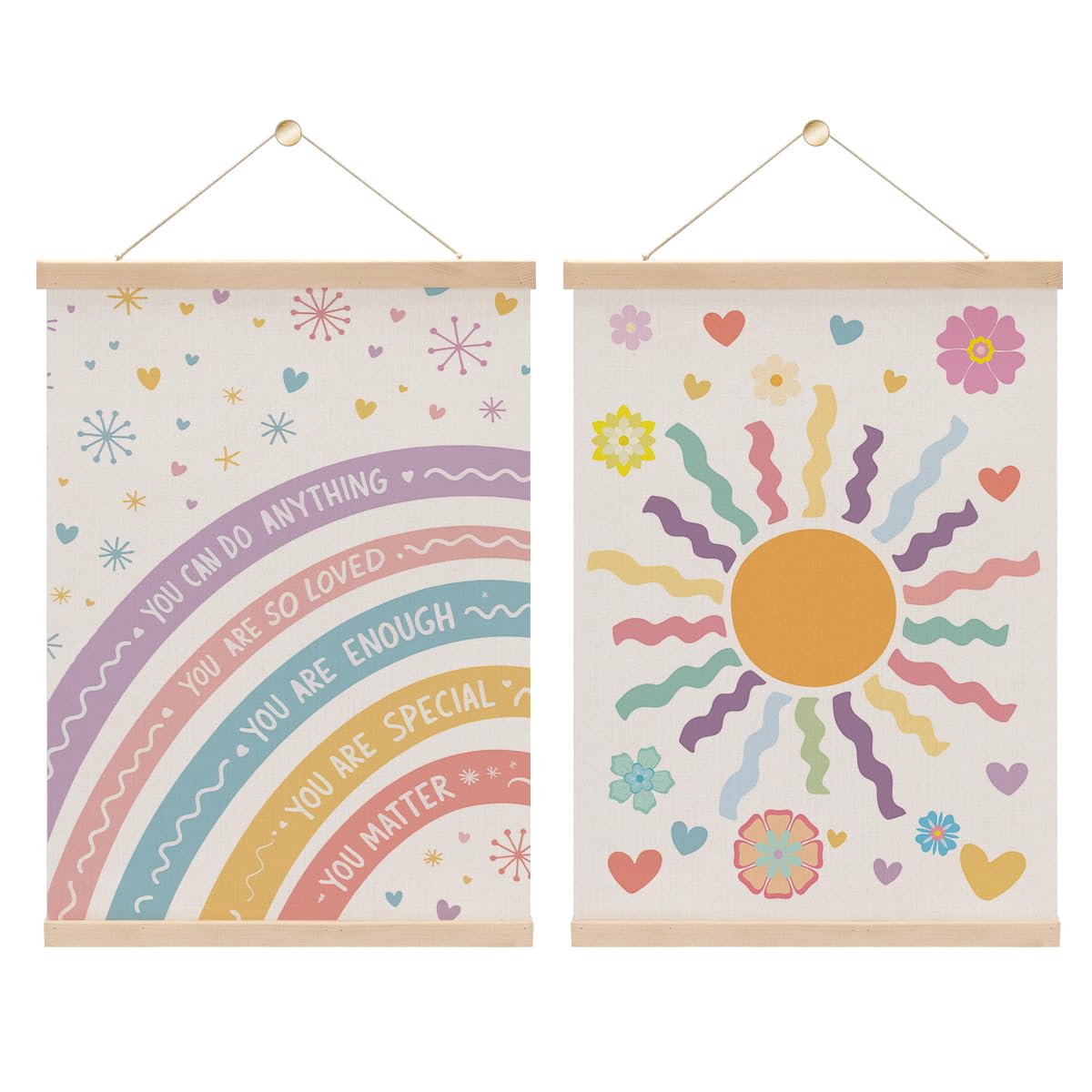 2PCS Nursery Girls Kids Room Poster Hanger, Boho Rainbow Flag Banner Nursery Wall Art Hanging Banner With Wooden Frames for Classroom Girls Playroom Bedroom Toddler Room Decor 15.8x11.8 Inch